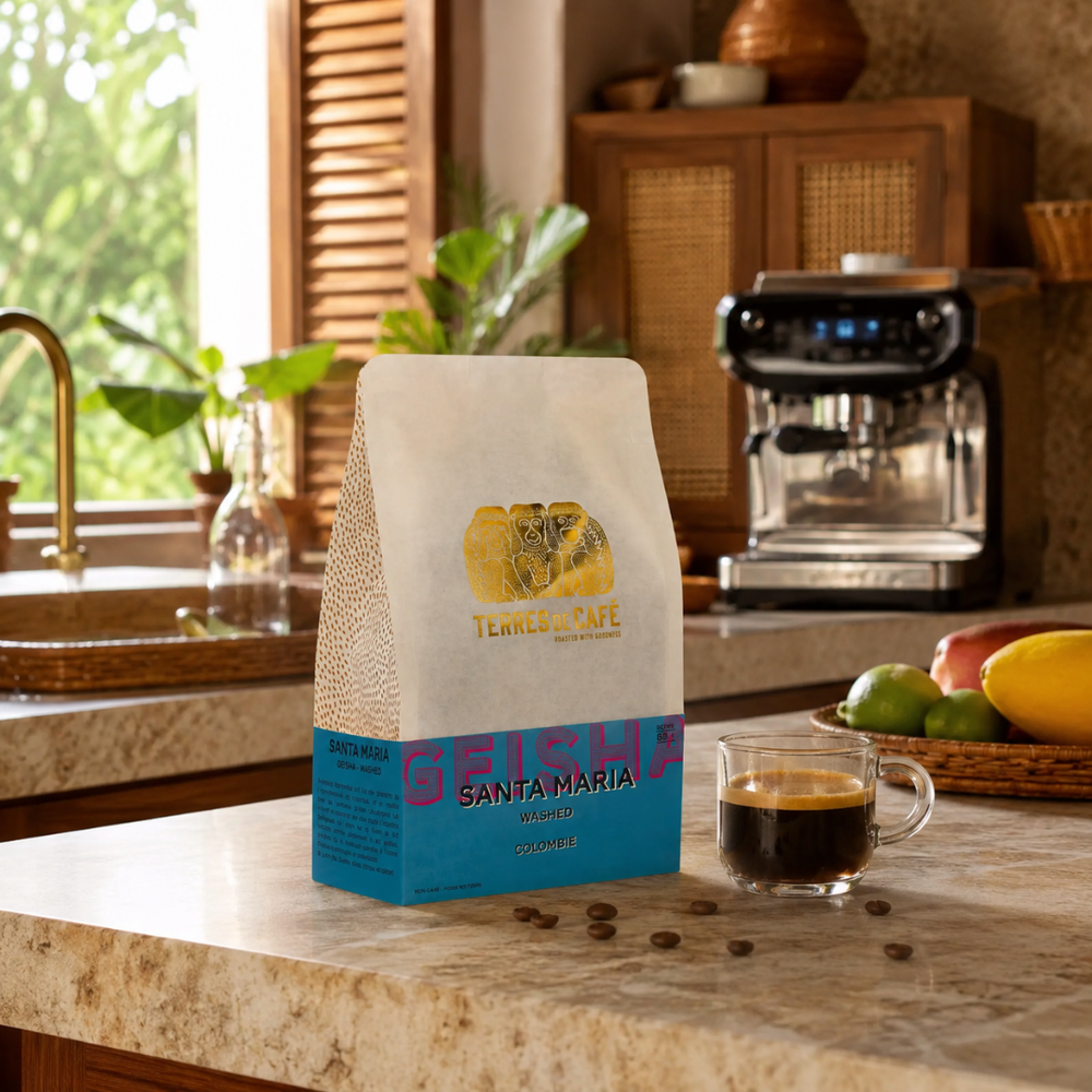 Colombie Santa Maria Geisha Washed - Packaging 250g grains arabica lavé - Terres de Café Réunion