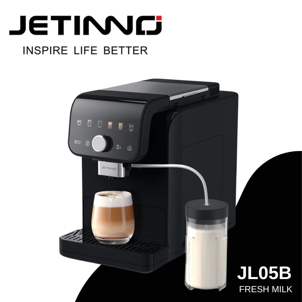 Machine à café Jetinno JETINNO - JL05B Machine à café à grain automatique connectée avec pot à lait vue de profil