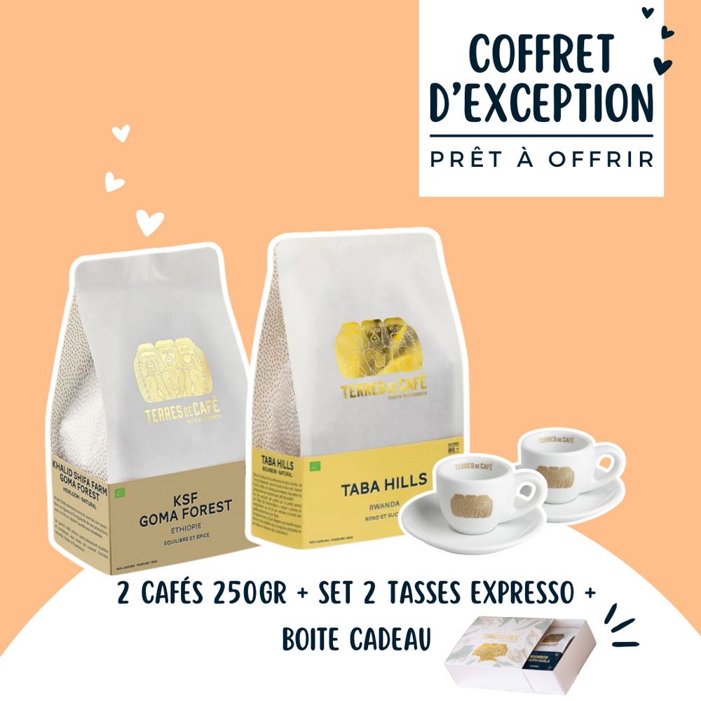 Coffret - Lot 2 cafés 250gr + set 2 tasses expresso (80+)